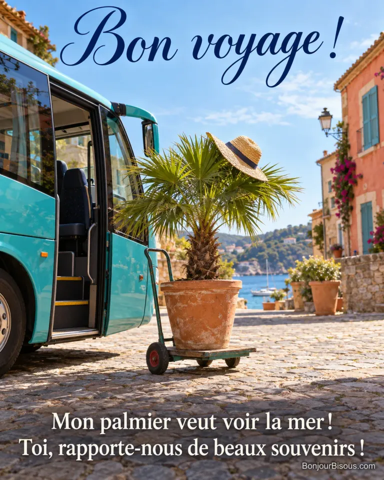 Un petit palmier en pot porte un chapeau de soleil sur un chariot à bagages devant la porte d’un autocar turquoise, avec le message « Bon voyage ! Mon palmier veut voir la mer ! Toi, rapporte-nous de beaux souvenirs ! ».