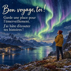 Un jeune voyageur roux porte une main à sa poitrine en admirant une aurore boréale verte et mauve au-dessus d’un fjord, avec le message « Bon voyage, toi ! Garde une place pour l’émerveillement. J’ai hâte d’écouter tes histoires ! ».