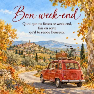 Peinture d’une vieille 4L rouge avec un vélo et un panier sur le toit sur une route de campagne bordée de platanes vers un village perché, avec le texte « Bon week-end – Quoi que tu fasses ce week-end, fais en sorte qu’il te rende heureux. »