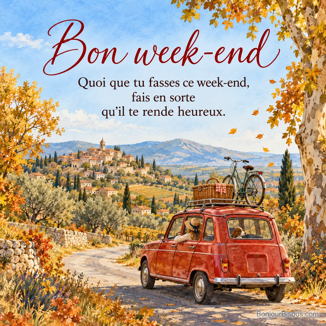 Peinture d’une vieille 4L rouge avec un vélo et un panier sur le toit sur une route de campagne bordée de platanes vers un village perché, avec le texte « Bon week-end – Quoi que tu fasses ce week-end, fais en sorte qu’il te rende heureux. »