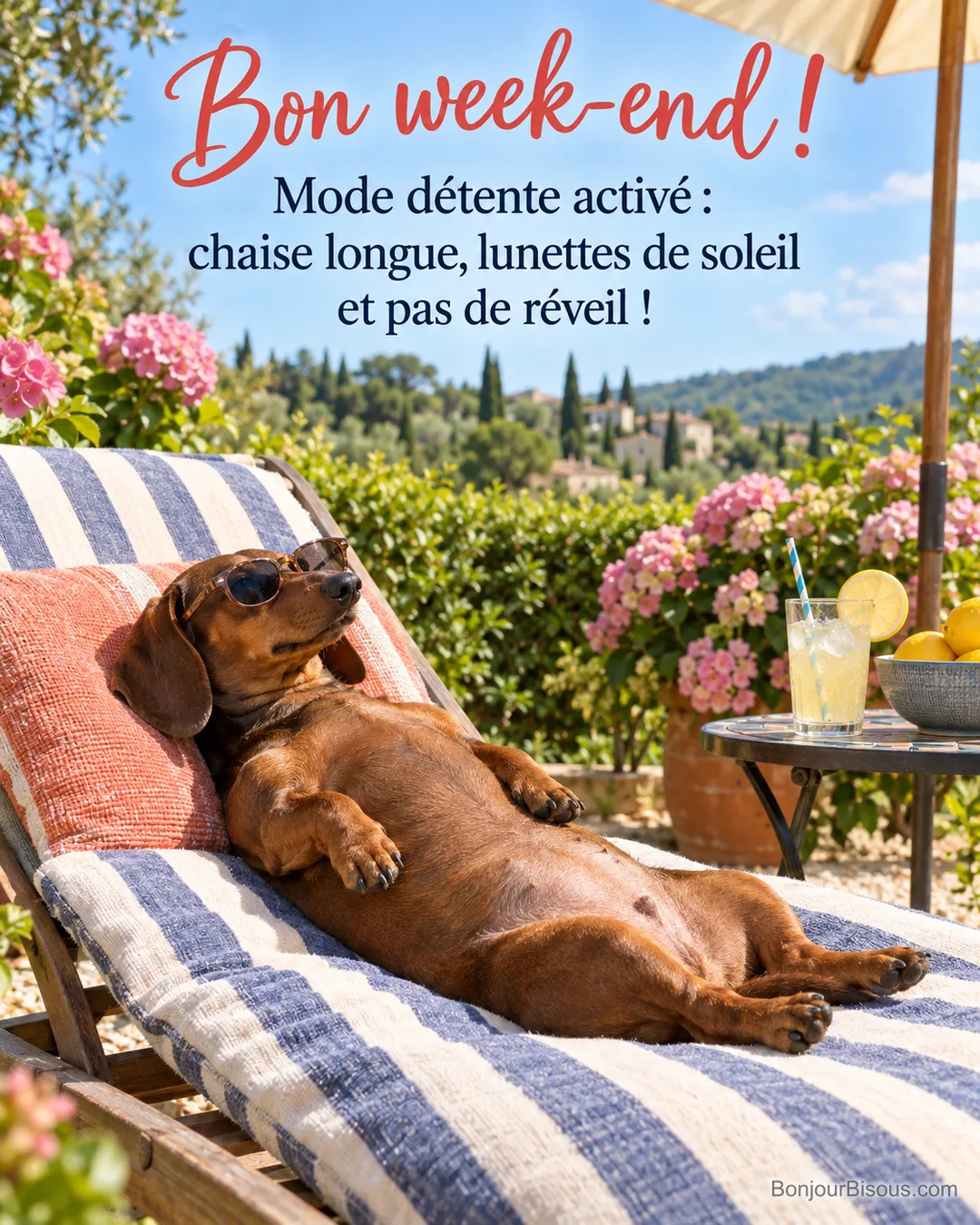 Photo d’un teckel avec des lunettes de soleil allongé sur une chaise longue rayée dans un jardin fleuri, avec une citronnade et un parasol, avec le texte « Bon week-end ! Mode détente activé : chaise longue, lunettes de soleil et pas de réveil ! »