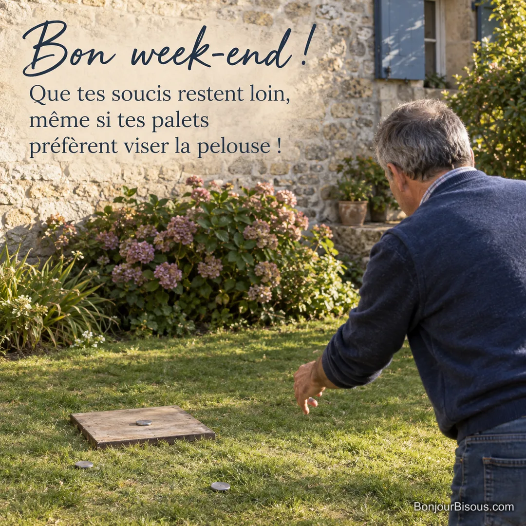 Un homme lance un palet près d’une planche de jeu dans une cour bretonne, avec le texte « Bon week-end ! Que tes soucis restent loin, même si tes palets préfèrent viser la pelouse ! ».