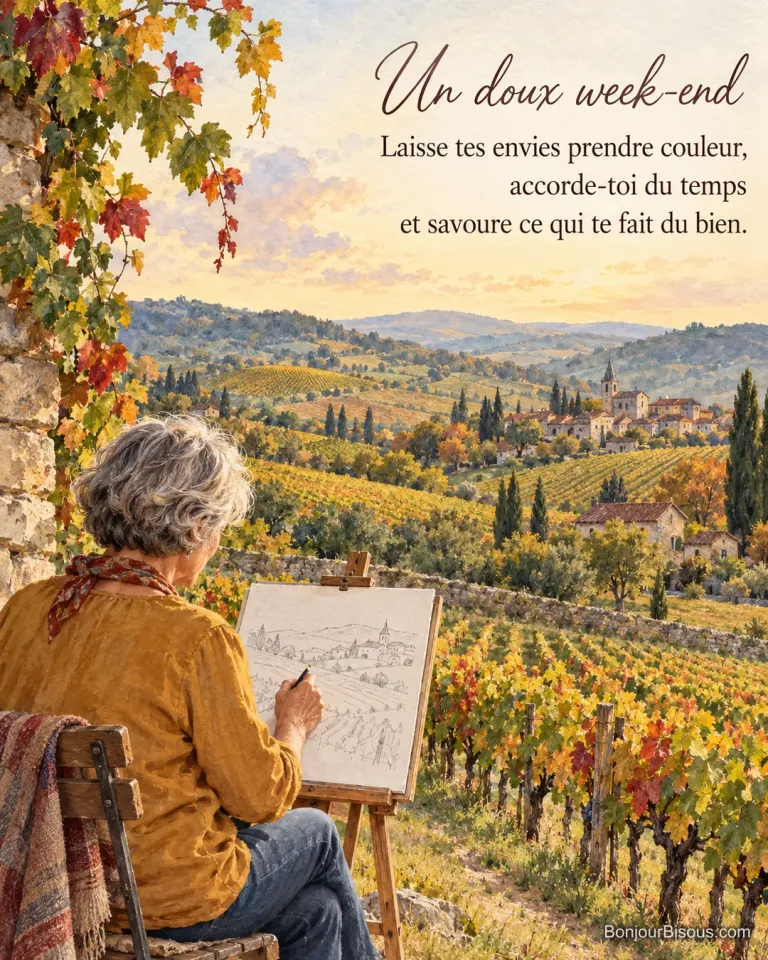 Une femme dessine les collines d’un vignoble bourguignon devant son chevalet, avec le texte « Un doux week-end Laisse tes envies prendre couleur, accorde-toi du temps et savoure ce qui te fait du bien. ».