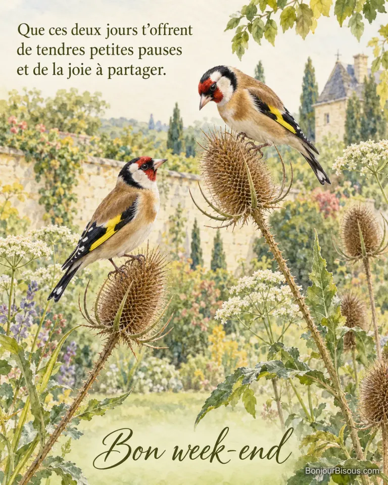 Deux chardonnerets se posent sur les tiges d’une cardère dans un jardin, avec le texte « Bon week-end Que ces deux jours t’offrent de tendres petites pauses et de la joie à partager. ».