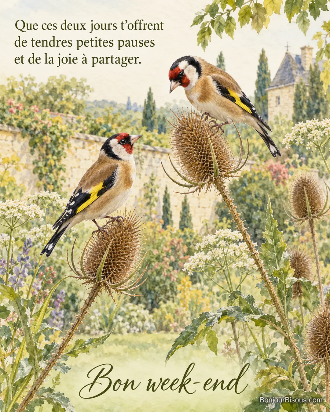 Deux chardonnerets se posent sur les tiges d’une cardère dans un jardin, avec le texte « Bon week-end Que ces deux jours t’offrent de tendres petites pauses et de la joie à partager. ».