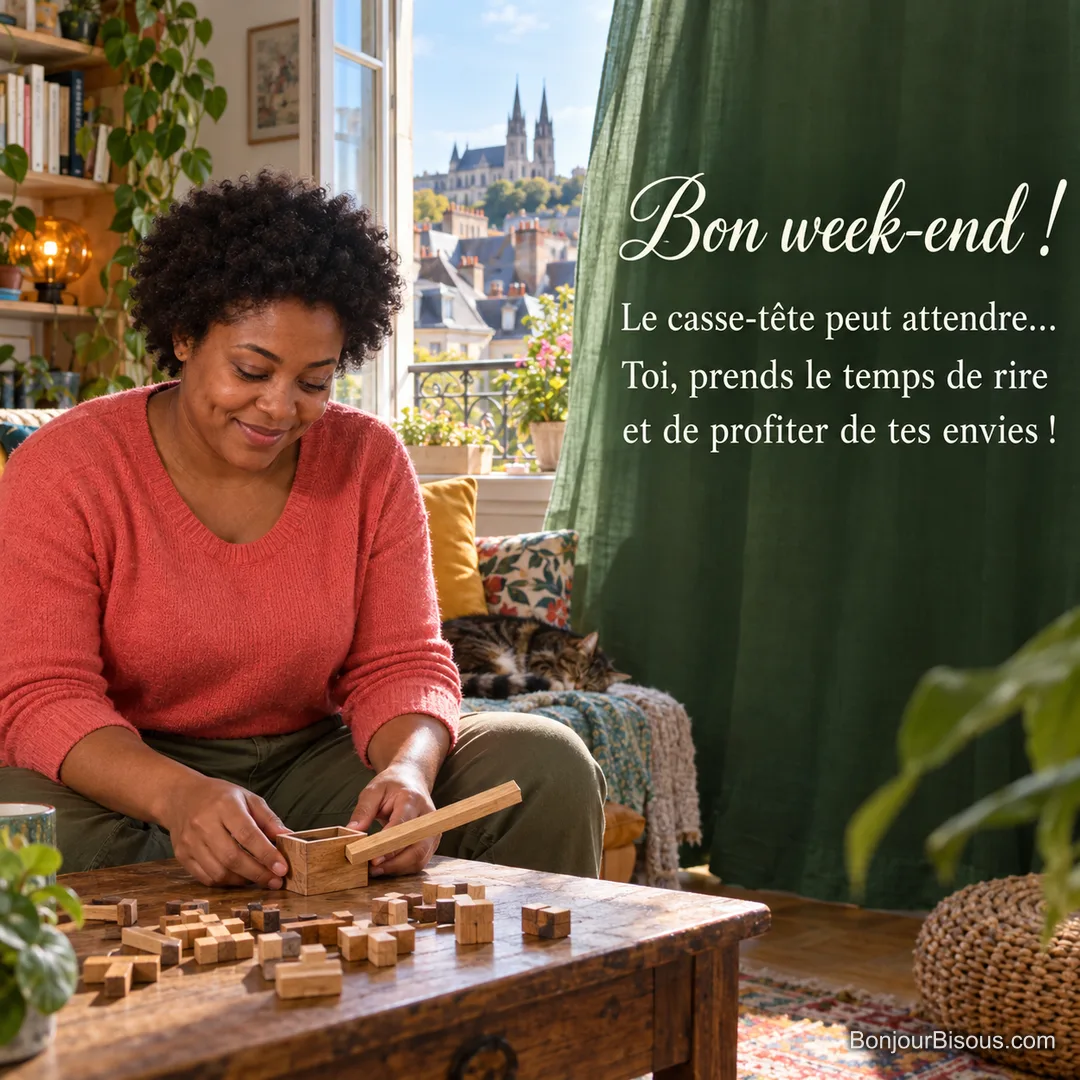 Une femme sourit devant une pièce de casse-tête trop longue pour sa petite boîte dans un salon angevin, avec le texte « Bon week-end ! Le casse-tête peut attendre… Toi, prends le temps de rire et de profiter de tes envies ! ».