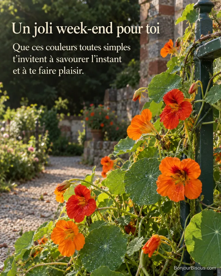 Des capucines orange et vermillon se balancent sur la rambarde verte d’un jardin partagé nantais, avec le texte « Un joli week-end pour toi Que ces couleurs toutes simples t’invitent à savourer l’instant et à te faire plaisir. ».