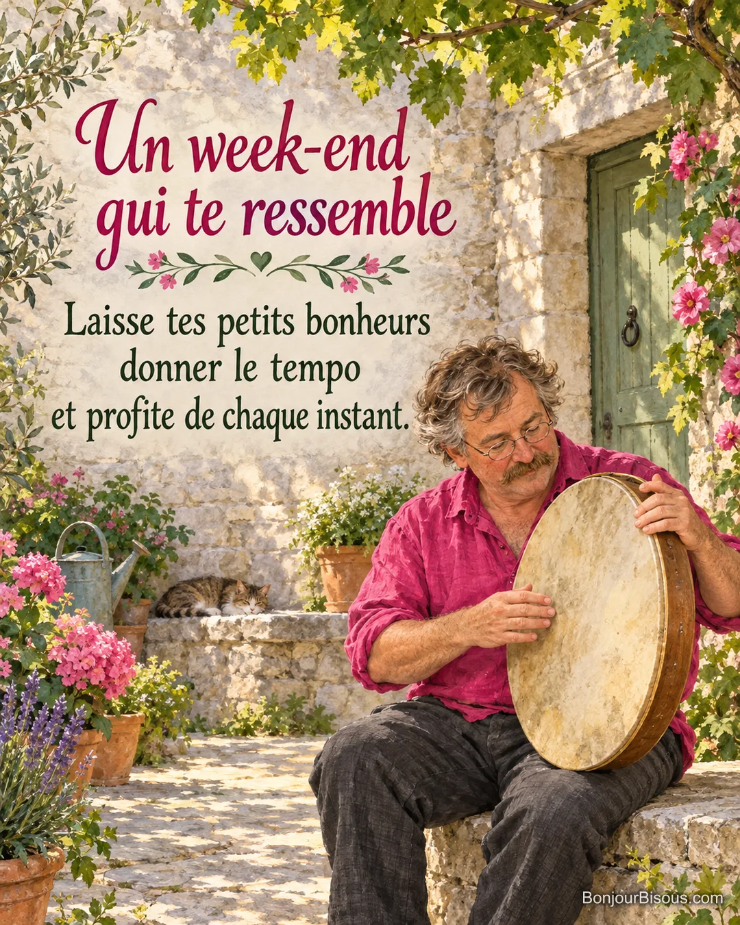 Un musicien amateur joue d’un tambour sur cadre dans une cour de pierre charentaise, avec le texte « Un week-end qui te ressemble Laisse tes petits bonheurs donner le tempo et profite de chaque instant. ».
