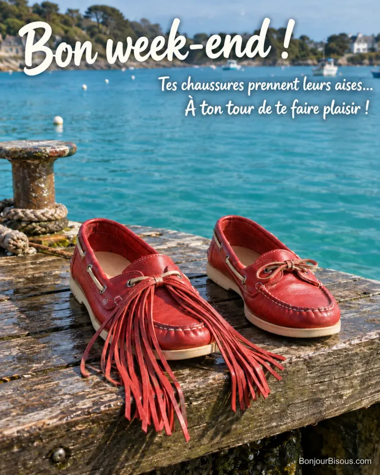 Deux chaussures bateau rouges reposent sur un ponton, dont une aux franges démesurées, avec le texte « Bon week-end ! Tes chaussures prennent leurs aises… À ton tour de te faire plaisir ! ».