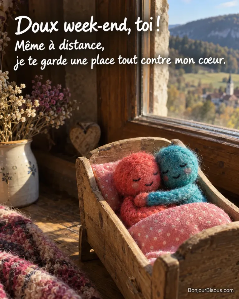 Deux marionnettes à doigt corail et turquoise se blottissent dans un petit berceau en bois, avec le texte « Doux week-end, toi ! Même à distance, je te garde une place tout contre mon cœur. ».