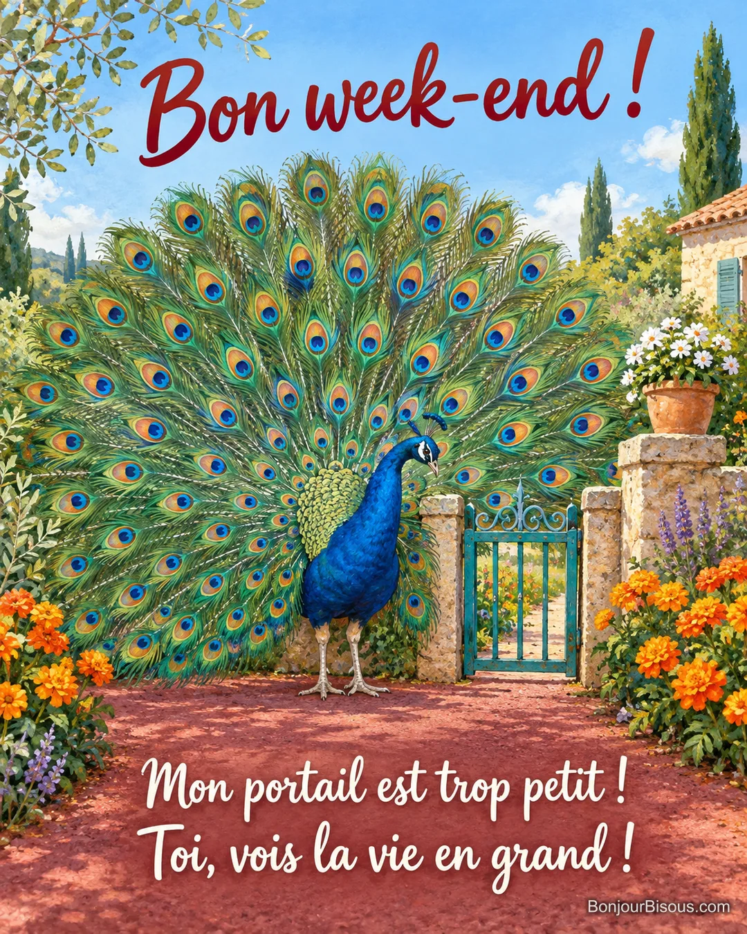 Un paon déploie une roue immense devant un portillon trop étroit pour le laisser passer. Le message est : « Bon week-end ! Mon portail est trop petit ! Toi, vois la vie en grand ! ».