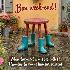 Un tabouret rouge a chaussé ses quatre pieds de bottes de pluie turquoise dans une cour mouillée. Le message est : « Bon week-end ! Mon tabouret a mis ses bottes ! Promène ta bonne humeur partout ! ».
