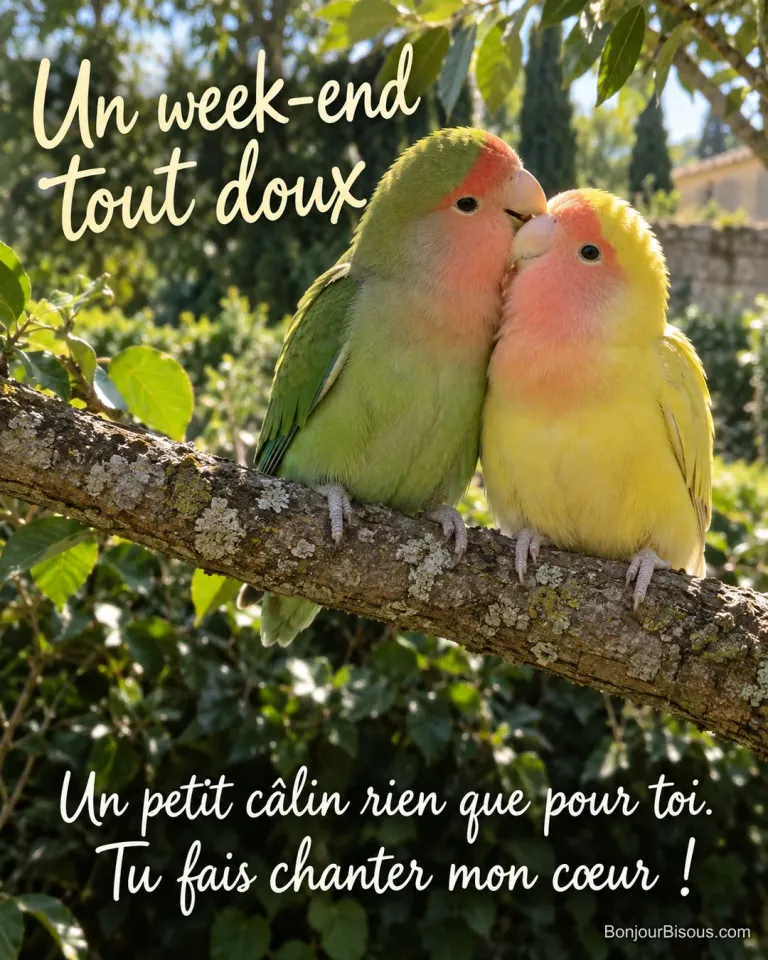 Deux perruches inséparables, verte et jaune, se blottissent tendrement sur une branche. Le message est : « Un week-end tout doux Un petit câlin rien que pour toi. Tu fais chanter mon cœur ! ».