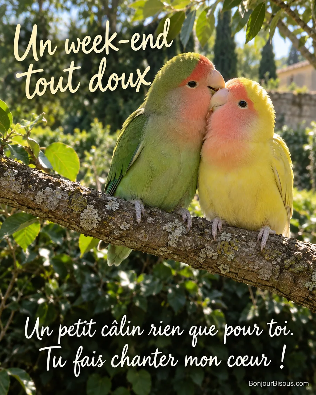 Deux perruches inséparables, verte et jaune, se blottissent tendrement sur une branche. Le message est : « Un week-end tout doux Un petit câlin rien que pour toi. Tu fais chanter mon cœur ! ».