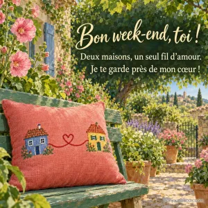 Deux maisons brodées sur un coussin sont reliées par un fil rouge en forme de cœur, dans un jardin. Le message est : « Bon week-end, toi ! Deux maisons, un seul fil d’amour. Je te garde près de mon cœur ! ».