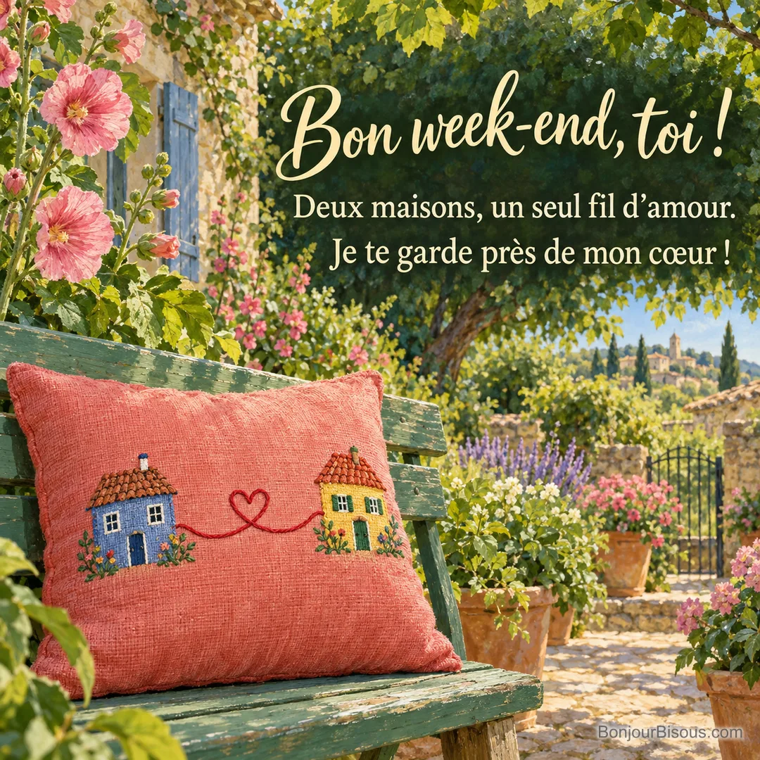Deux maisons brodées sur un coussin sont reliées par un fil rouge en forme de cœur, dans un jardin. Le message est : « Bon week-end, toi ! Deux maisons, un seul fil d’amour. Je te garde près de mon cœur ! ». Deux maisons brodées sur un coussin sont reliées par un fil rouge en forme de cœur, dans un jardin. Le message est : « Bon week-end, toi ! Deux maisons, un seul fil d’amour. Je te garde près de mon cœur ! ».