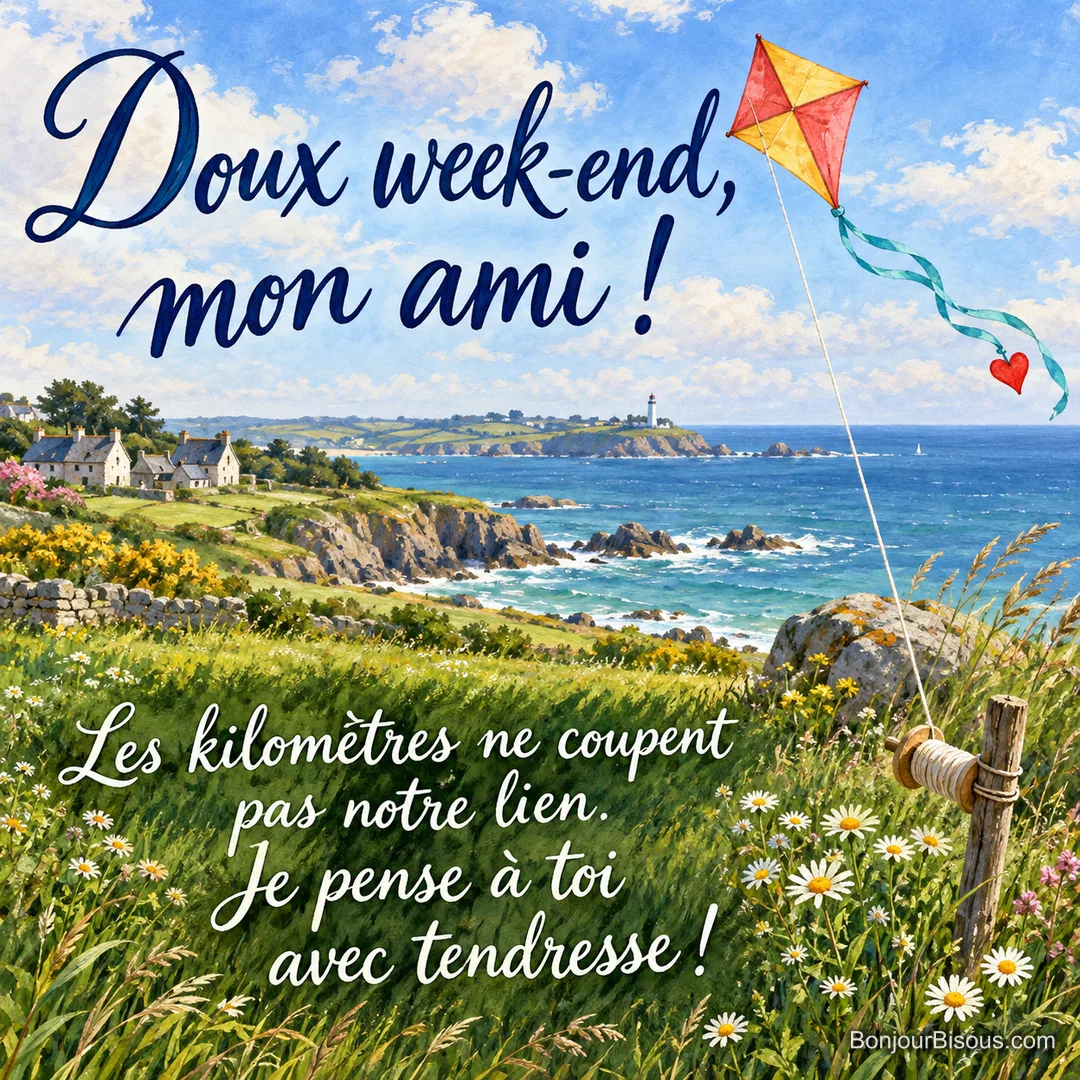 Un cerf-volant rouge et jaune porte un petit cœur sur sa queue turquoise au-dessus d’une prairie côtière. Le message est : « Doux week-end, mon ami ! Les kilomètres ne coupent pas notre lien. Je pense à toi avec tendresse ! ».