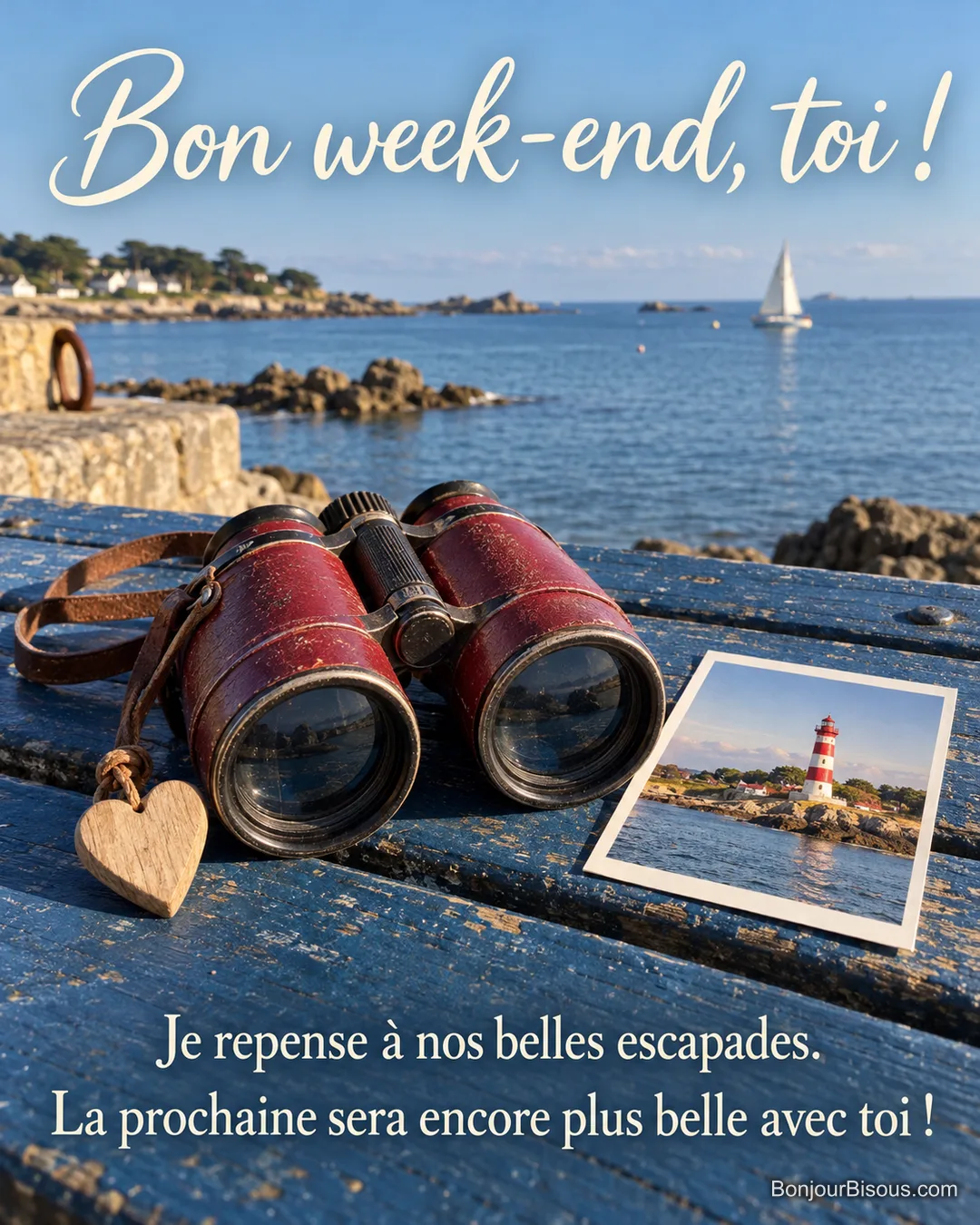 Des jumelles anciennes gardent une photographie de phare et un petit cœur en bois sur un ponton. Le message est : « Bon week-end, toi ! Je repense à nos belles escapades. La prochaine sera encore plus belle avec toi ! ».