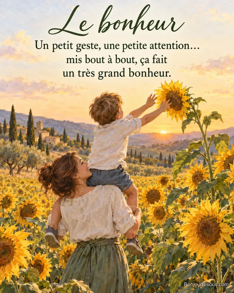 Peinture d’une mère qui porte son fils sur les épaules dans un champ de tournesols en Provence, le garçon tend les bras vers une fleur, avec le texte « Le bonheur – Un petit geste, une petite attention… mis bout à bout, ça fait un très grand bonheur. »