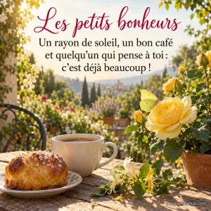 Photo d’une tasse de café et d’une brioche sur une table en bois d’une terrasse fleurie, avec du chèvrefeuille et un papillon citron sur une rose jaune, avec le texte « Les petits bonheurs – Un rayon de soleil, un bon café et quelqu’un qui pense à toi : c’est déjà beaucoup ! »