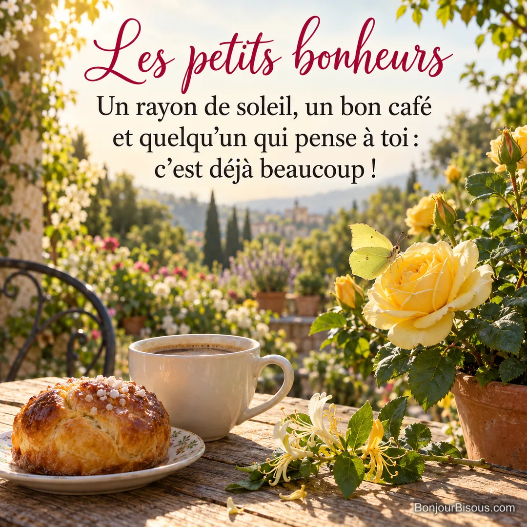 Photo d’une tasse de café et d’une brioche sur une table en bois d’une terrasse fleurie, avec du chèvrefeuille et un papillon citron sur une rose jaune, avec le texte « Les petits bonheurs – Un rayon de soleil, un bon café et quelqu’un qui pense à toi : c’est déjà beaucoup ! » Photo d’une tasse de café et d’une brioche sur une table en bois d’une terrasse fleurie, avec du chèvrefeuille et un papillon citron sur une rose jaune, avec le texte « Les petits bonheurs – Un rayon de soleil, un bon café et quelqu’un qui pense à toi : c’est déjà beaucoup ! »
