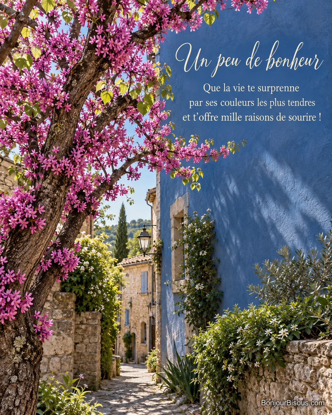 Un arbre de Judée en fleurs roses illumine un petit passage de village provençal, avec le texte « Un peu de bonheur Que la vie te surprenne par ses couleurs les plus tendres et t’offre mille raisons de sourire ! ». Un arbre de Judée en fleurs roses illumine un petit passage de village provençal, avec le texte « Un peu de bonheur Que la vie te surprenne par ses couleurs les plus tendres et t’offre mille raisons de sourire ! ».