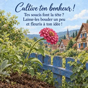 Un zinnia rose dépasse une clôture bleue dans un jardin coloré, avec le texte « Cultive ton bonheur ! Tes soucis font la tête ? Laisse-les bouder un peu et fleuris à ton idée ! ».