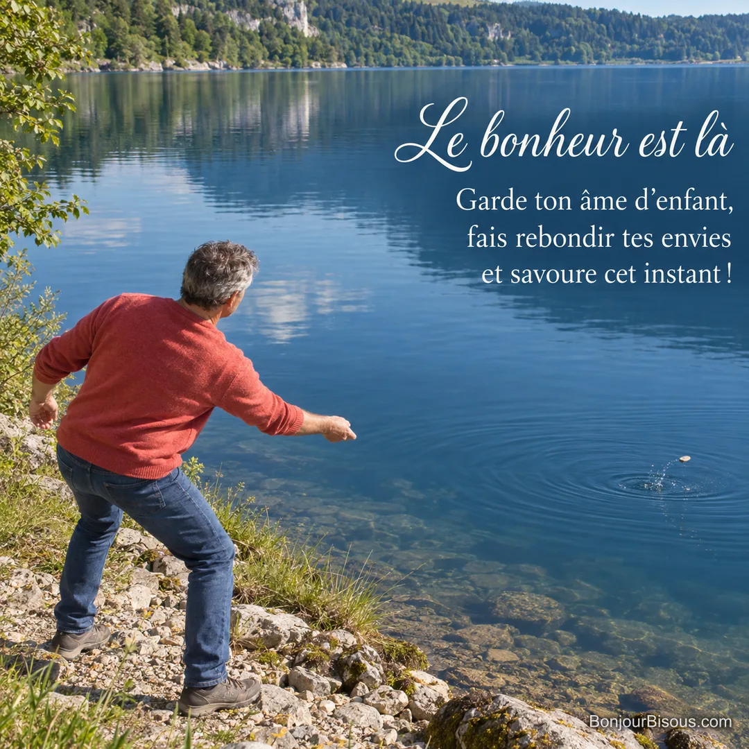 Un homme vu de dos lance un galet qui rebondit sur un lac de montagne, avec le texte « Le bonheur est là Garde ton âme d’enfant, fais rebondir tes envies et savoure cet instant ! ». Un homme vu de dos lance un galet qui rebondit sur un lac de montagne, avec le texte « Le bonheur est là Garde ton âme d’enfant, fais rebondir tes envies et savoure cet instant ! ».