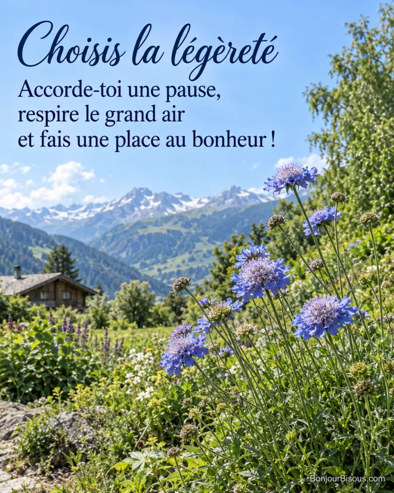 Des scabieuses bleues se balancent au vent dans un jardin de montagne, avec le texte « Choisis la légèreté Accorde-toi une pause, respire le grand air et fais une place au bonheur ! ».