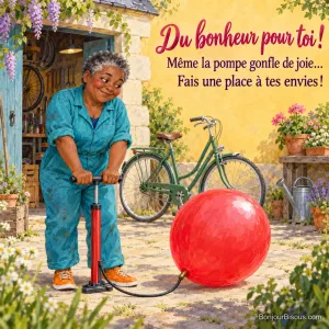 Une réparatrice de vélos sourit en gonflant un ballon rouge avec sa pompe devant son atelier, avec le texte « Du bonheur pour toi ! Même la pompe gonfle de joie… Fais une place à tes envies ! ».