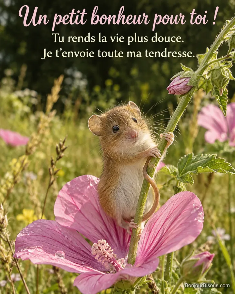 Une petite souris des moissons s’agrippe à une tige et repose ses pattes sur un pétale de mauve rose, avec le texte « Un petit bonheur pour toi ! Tu rends la vie plus douce. Je t’envoie toute ma tendresse. ».