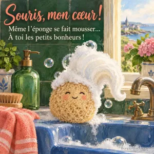 Une éponge luffa souriante arbore une énorme coiffure de mousse sur le rebord d’un évier bleu, avec le texte « Souris, mon cœur ! Même l’éponge se fait mousser… À toi les petits bonheurs ! ».