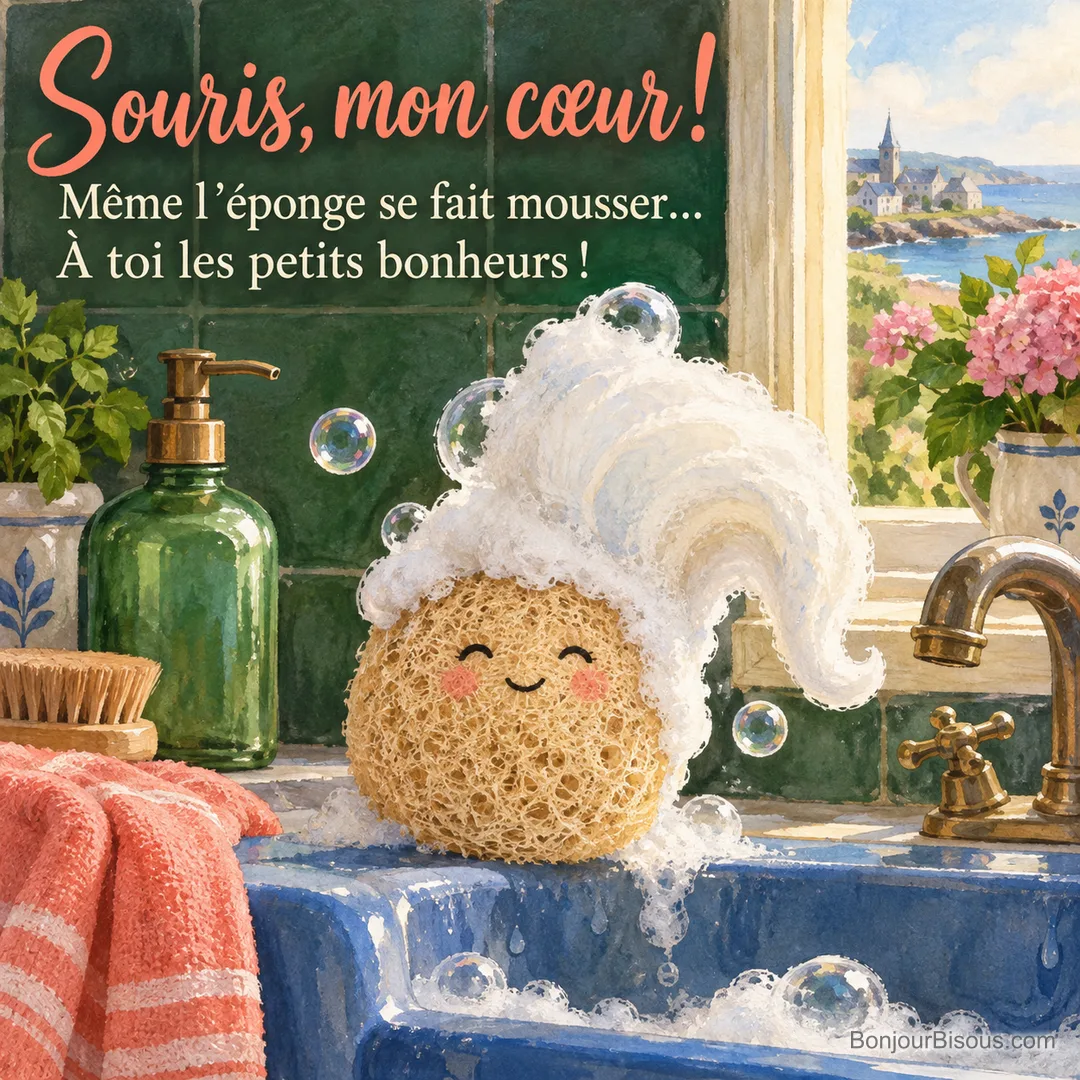 Une éponge luffa souriante arbore une énorme coiffure de mousse sur le rebord d’un évier bleu, avec le texte « Souris, mon cœur ! Même l’éponge se fait mousser… À toi les petits bonheurs ! ». Une éponge luffa souriante arbore une énorme coiffure de mousse sur le rebord d’un évier bleu, avec le texte « Souris, mon cœur ! Même l’éponge se fait mousser… À toi les petits bonheurs ! ».