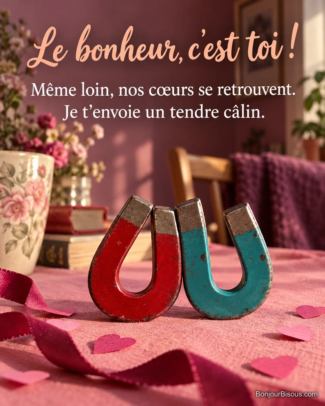 Deux petits aimants en fer à cheval rouge et turquoise se rejoignent comme une étreinte parmi des confettis roses, avec le texte « Le bonheur, c’est toi ! Même loin, nos cœurs se retrouvent. Je t’envoie un tendre câlin. ». Deux petits aimants en fer à cheval rouge et turquoise se rejoignent comme une étreinte parmi des confettis roses, avec le texte « Le bonheur, c’est toi ! Même loin, nos cœurs se retrouvent. Je t’envoie un tendre câlin. ».