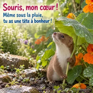 Une jeune belette se protège de la pluie sous une feuille de capucine trop grande pour elle, avec le texte « Souris, mon cœur ! Même sous la pluie, tu as une tête à bonheur ! ».