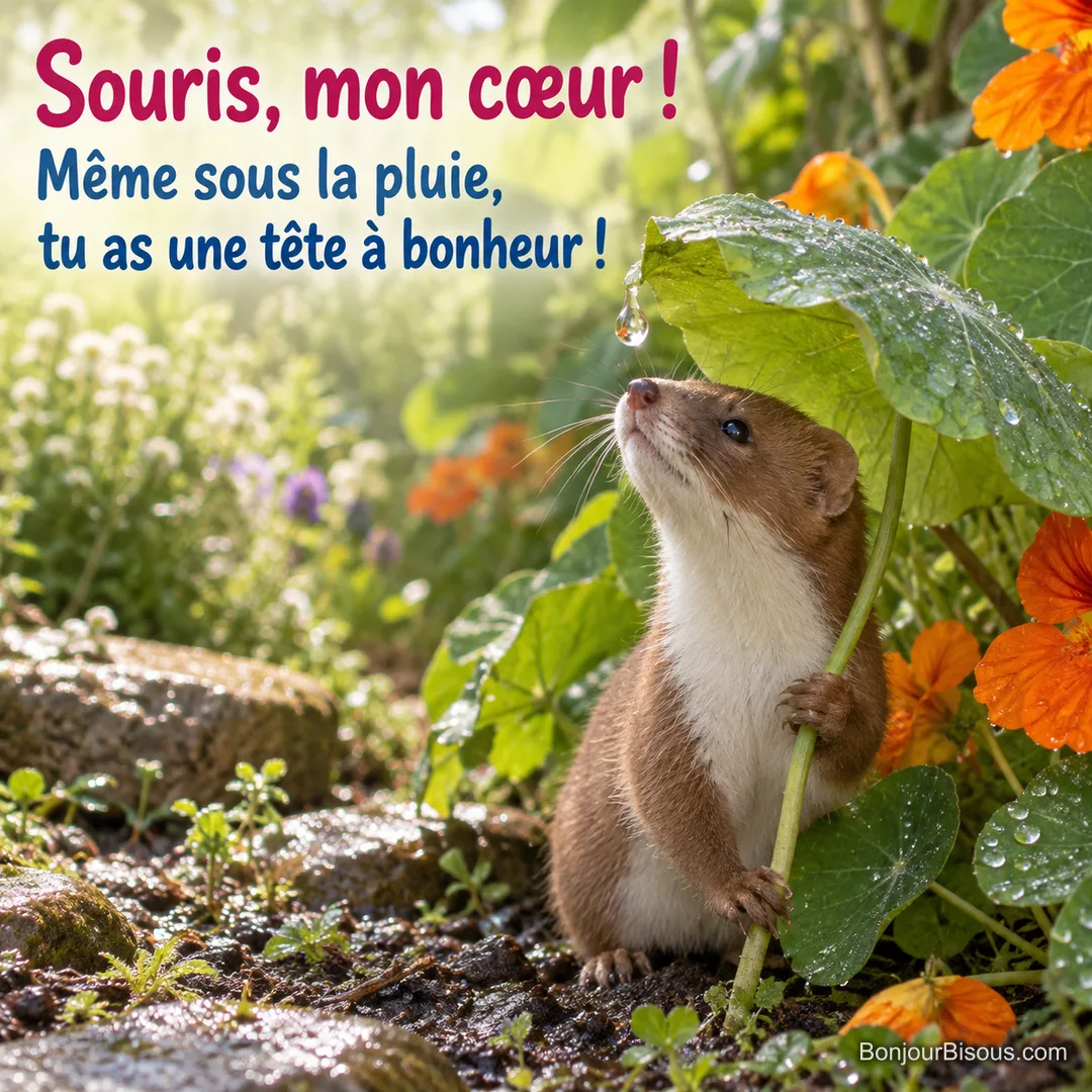Une jeune belette se protège de la pluie sous une feuille de capucine trop grande pour elle, avec le texte « Souris, mon cœur ! Même sous la pluie, tu as une tête à bonheur ! ». Une jeune belette se protège de la pluie sous une feuille de capucine trop grande pour elle, avec le texte « Souris, mon cœur ! Même sous la pluie, tu as une tête à bonheur ! ».