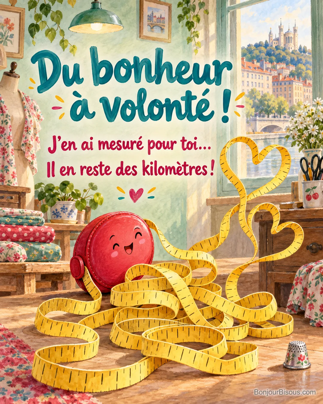 Un mètre ruban souriant déroule une quantité démesurée de boucles jaunes dans un atelier coloré, avec le texte « Du bonheur à volonté ! J’en ai mesuré pour toi… Il en reste des kilomètres ! ». Un mètre ruban souriant déroule une quantité démesurée de boucles jaunes dans un atelier coloré, avec le texte « Du bonheur à volonté ! J’en ai mesuré pour toi… Il en reste des kilomètres ! ».