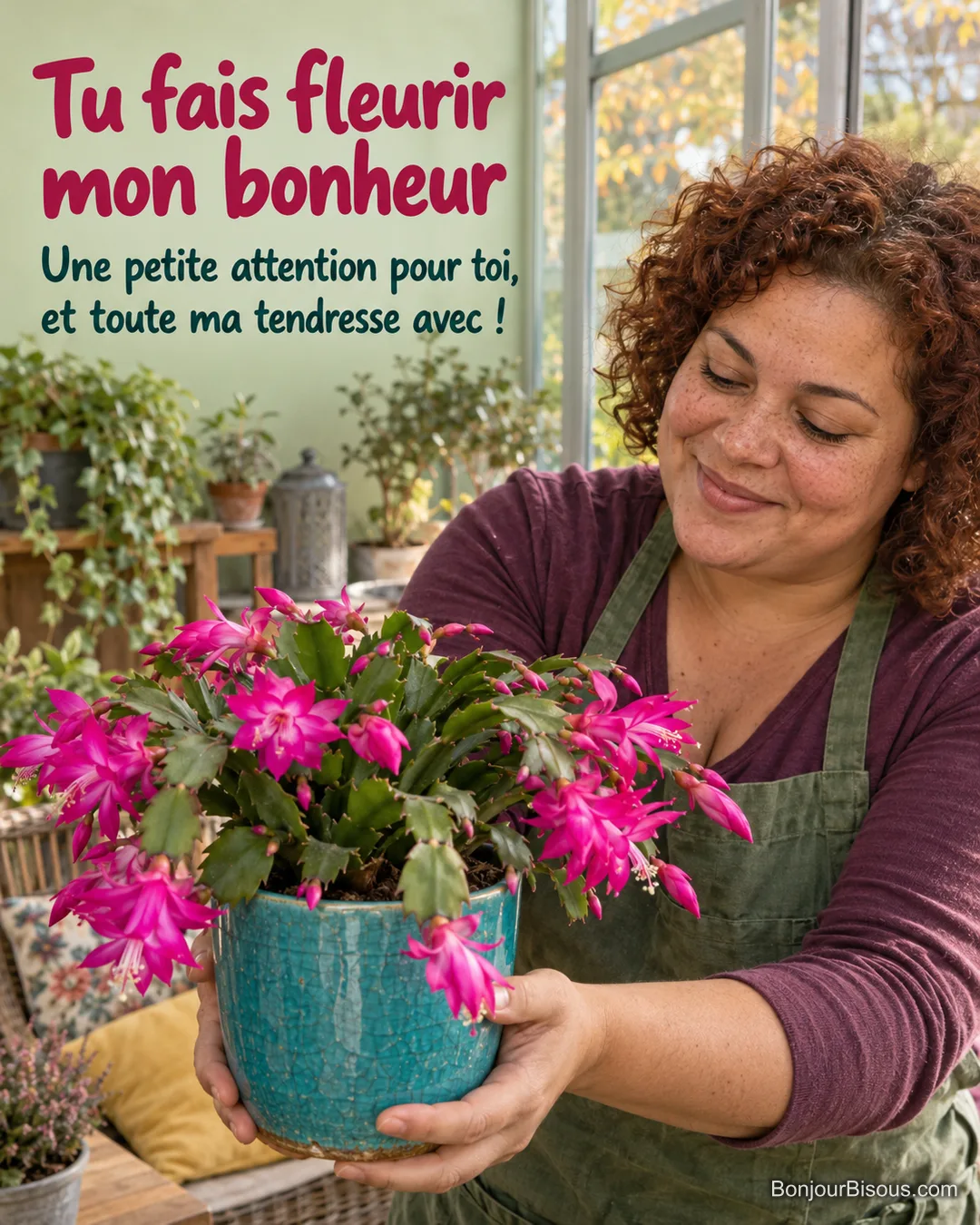 Une horticultrice souriante offre un schlumbergera fleuri de rose dans une véranda nantaise, avec le texte « Tu fais fleurir mon bonheur Une petite attention pour toi, et toute ma tendresse avec ! ». Une horticultrice souriante offre un schlumbergera fleuri de rose dans une véranda nantaise, avec le texte « Tu fais fleurir mon bonheur Une petite attention pour toi, et toute ma tendresse avec ! ».