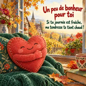 Une chaufferette rouge en forme de cœur se serre dans ses petits bras de tissu près d’une fenêtre d’automne, avec le texte « Un peu de bonheur pour toi Si ta journée est fraîche, ma tendresse te tient chaud ! ».