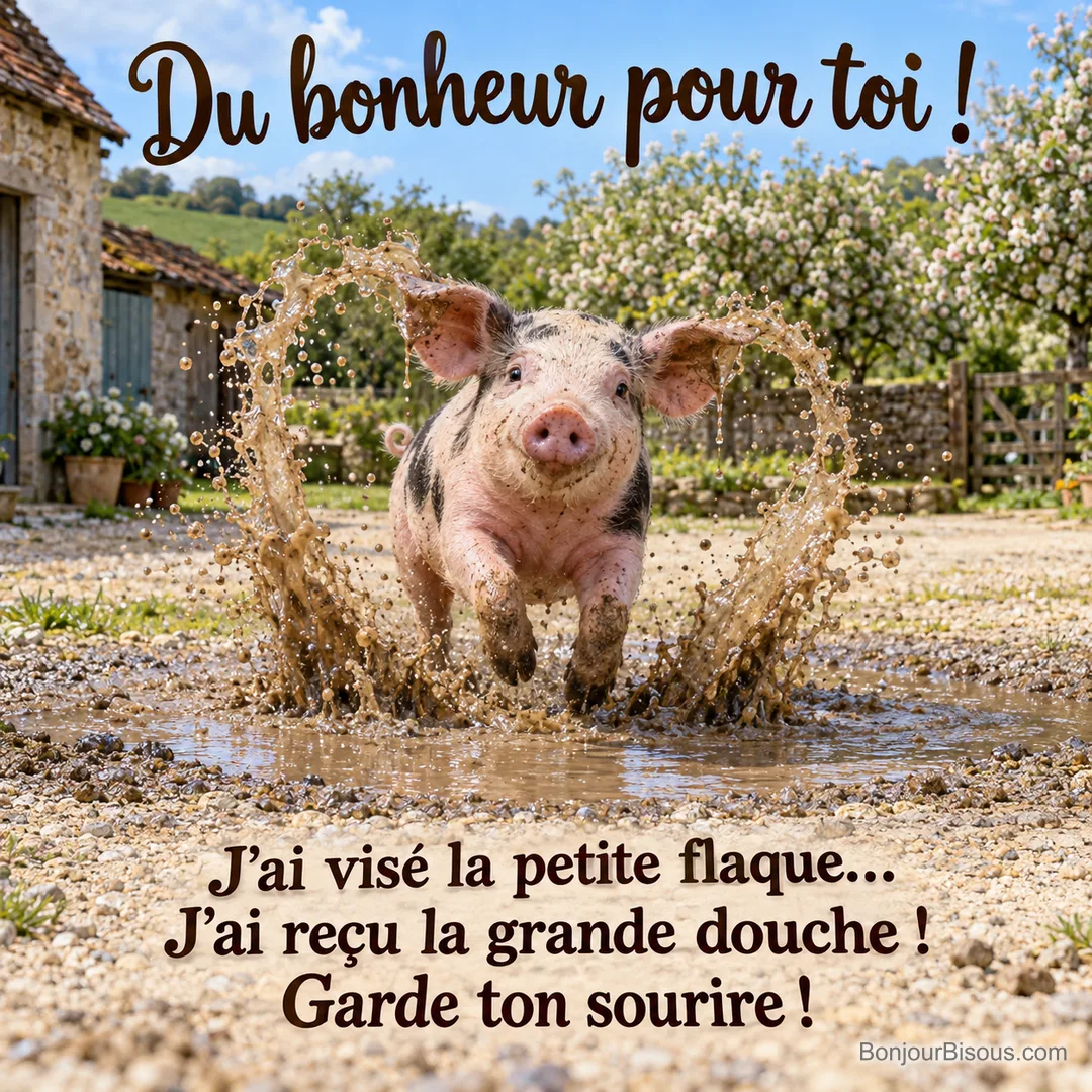 Un petit cochon tacheté saute dans une flaque et reçoit une grande gerbe d’eau boueuse. Le message est : « Du bonheur pour toi ! J’ai visé la petite flaque… J’ai reçu la grande douche ! Garde ton sourire ! ».