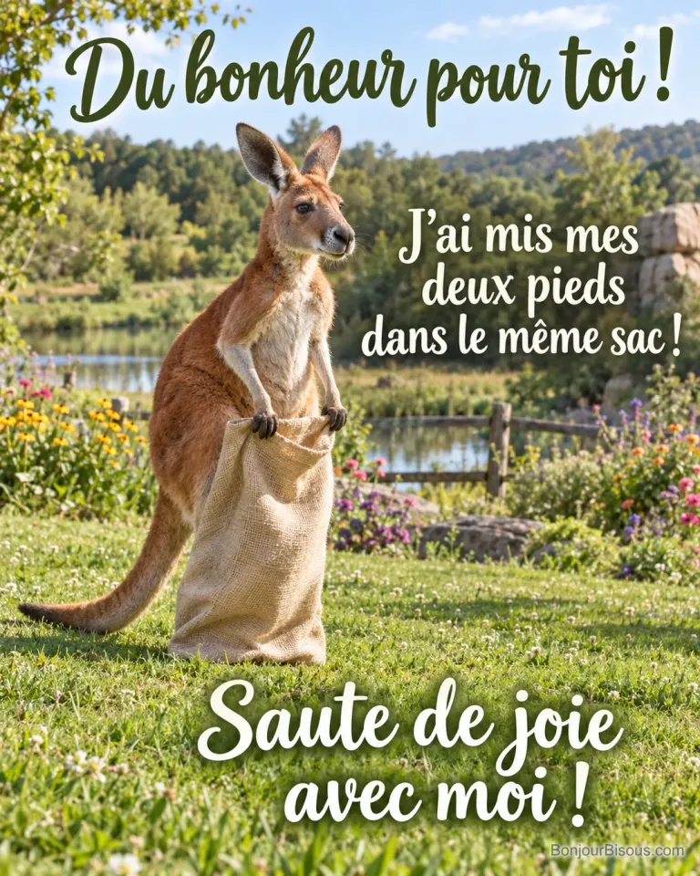 Un kangourou debout dans un sac de toile semble prêt pour une course en sac dans l’herbe. Le message est : « Du bonheur pour toi ! J’ai mis mes deux pieds dans le même sac ! Saute de joie avec moi ! ».