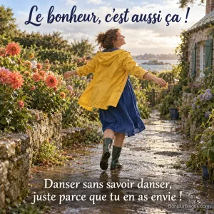 Une femme danse seule avec spontanéité sous une pluie légère dans un jardin d’été. Le message est : « Le bonheur, c’est aussi ça ! Danser sans savoir danser, juste parce que tu en as envie ! ».