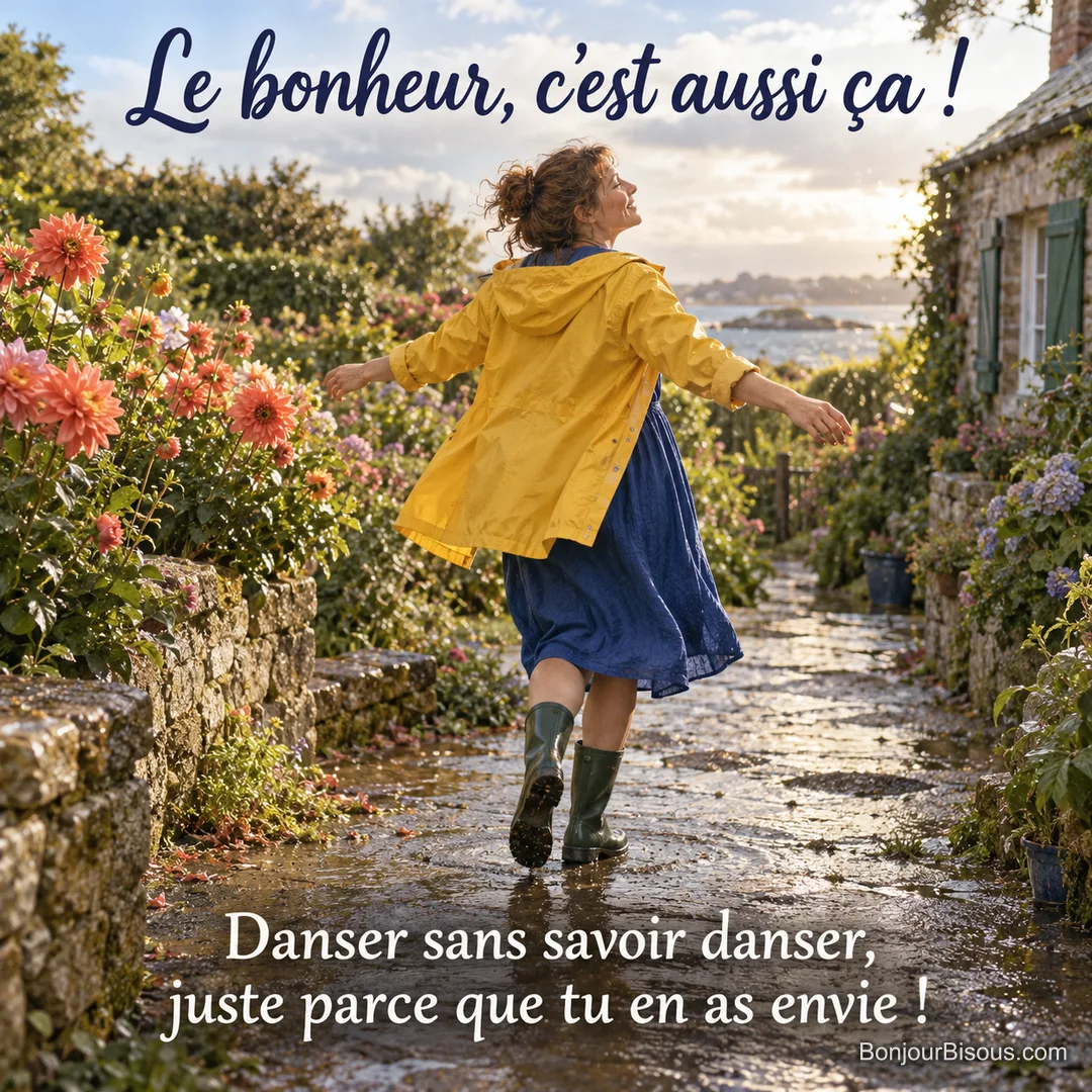 Une femme danse seule avec spontanéité sous une pluie légère dans un jardin d’été. Le message est : « Le bonheur, c’est aussi ça ! Danser sans savoir danser, juste parce que tu en as envie ! ».
