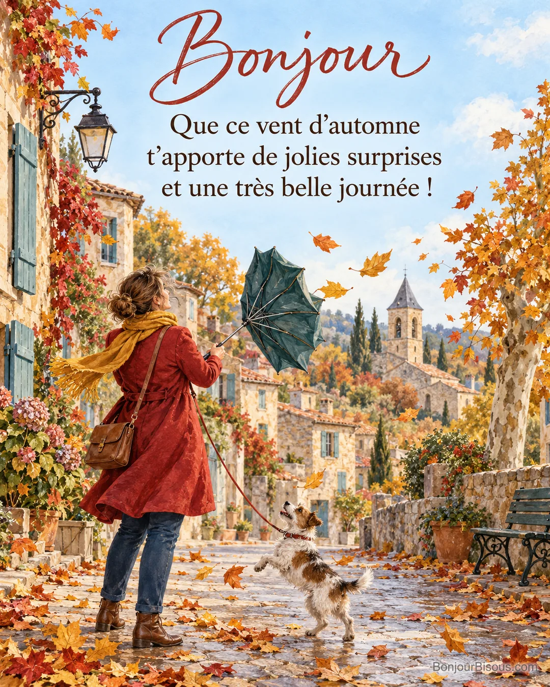 Peinture d’une femme en manteau rouge vue de dos, parapluie retourné par le vent, et de son chien qui saute après les feuilles dorées dans une rue de village provençal, avec le texte « Bonjour – Que ce vent d’automne t’apporte de jolies surprises et une très belle journée ! »