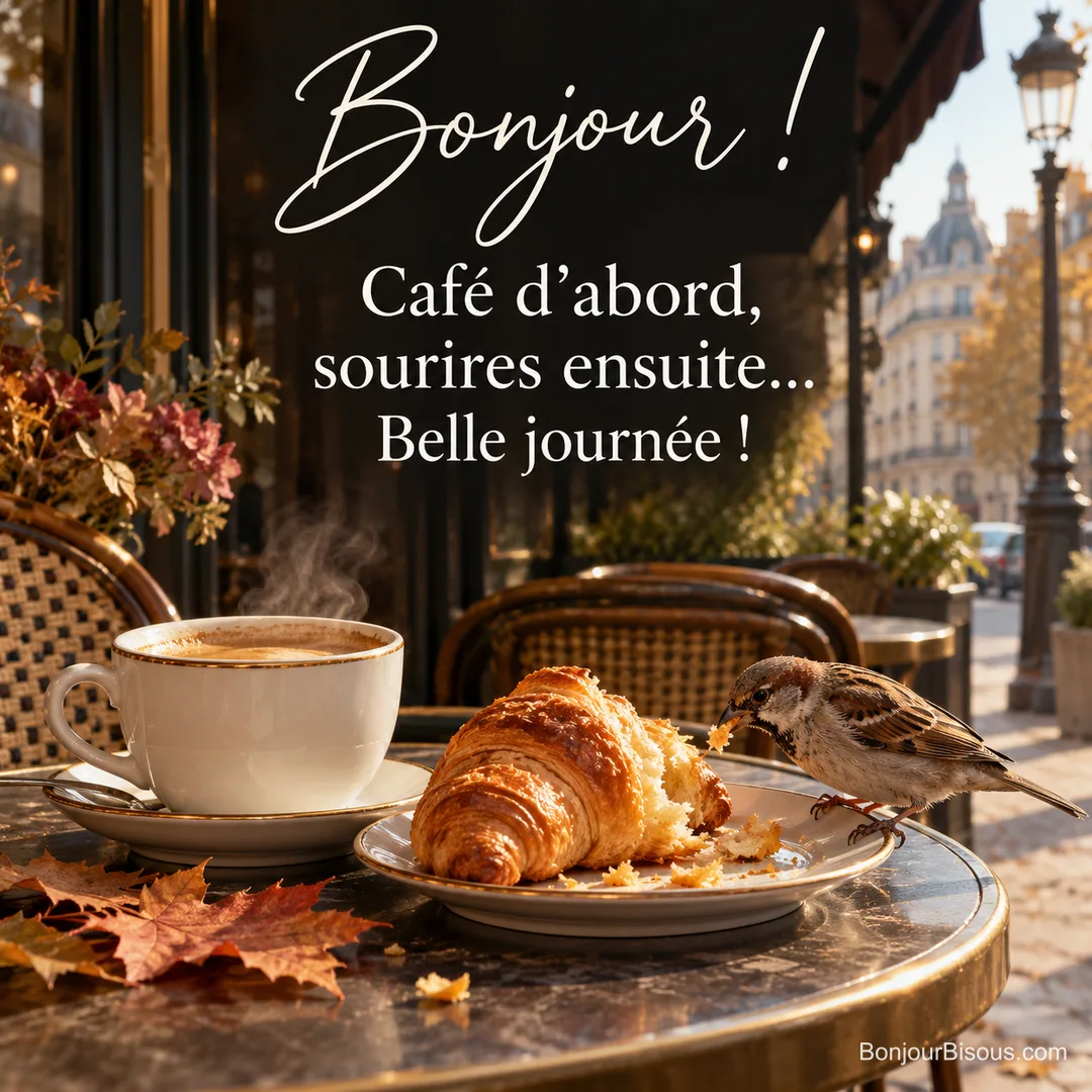 Photo d’une table de terrasse de café parisien avec un café crème fumant, un croissant et un moineau qui picore une miette, avec le texte « Bonjour ! Café d’abord, sourires ensuite… Belle journée ! »