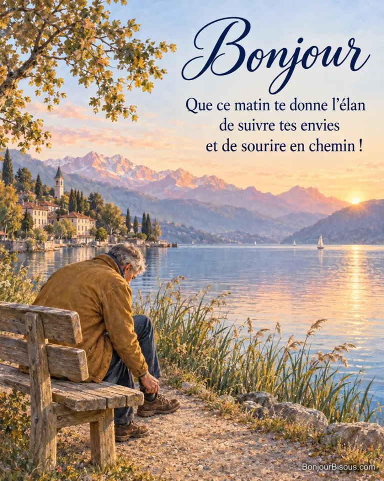 Un homme lace ses chaussures sur un banc au bord du lac d’Annecy à l’aube, avec le texte « Bonjour Que ce matin te donne l’élan de suivre tes envies et de sourire en chemin ! ».
