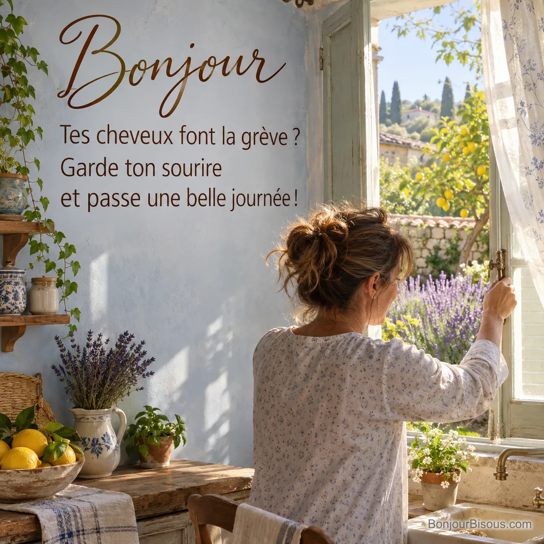 Une femme aux cheveux ébouriffés ouvre la fenêtre de sa cuisine provençale au petit matin, avec le texte « Bonjour Tes cheveux font la grève ? Garde ton sourire et passe une belle journée ! ».