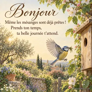 Une mésange bleue transporte un brin de mousse vers un nichoir dans un jardin de campagne au matin, avec le texte « Bonjour Même les mésanges sont déjà prêtes ! Prends ton temps, ta belle journée t’attend. ».