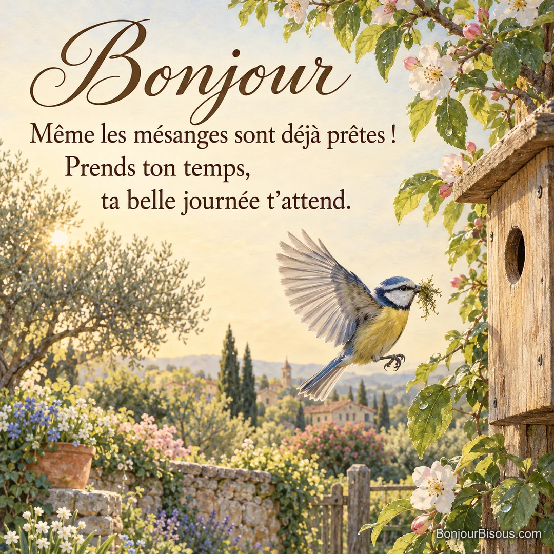 Une mésange bleue transporte un brin de mousse vers un nichoir dans un jardin de campagne au matin, avec le texte « Bonjour Même les mésanges sont déjà prêtes ! Prends ton temps, ta belle journée t’attend. ».