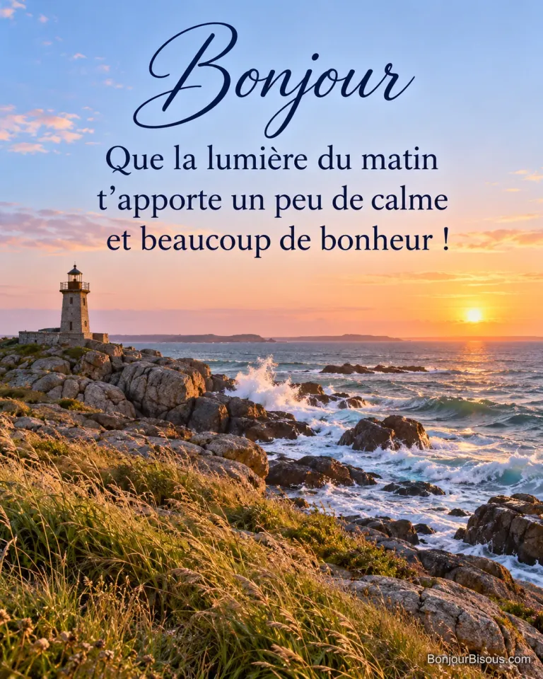 L’aube rose éclaire un phare breton, les vagues et les herbes courbées par le vent, avec le texte « Bonjour Que la lumière du matin t’apporte un peu de calme et beaucoup de bonheur ! ».